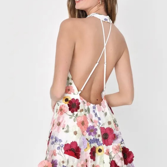 Blooming Bliss Ivory 3D Floral Embroidered Halter Mini Dress - Picture 4 of 4